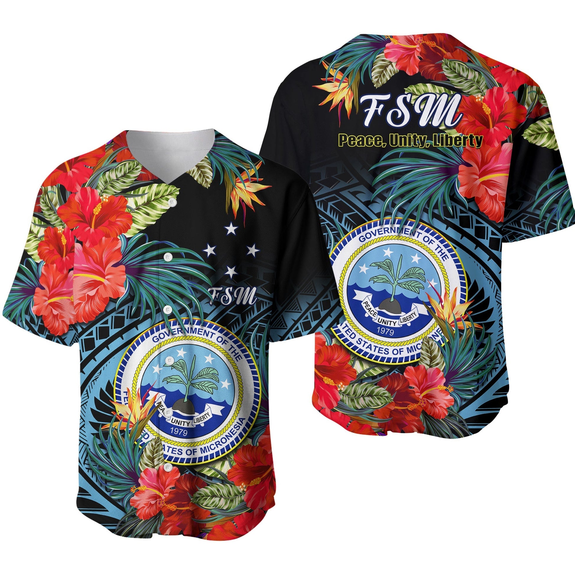 Federated States of Micronesia Baseball Jersey Hibiscus Flowers FSM Seal Polynesian Ver.01