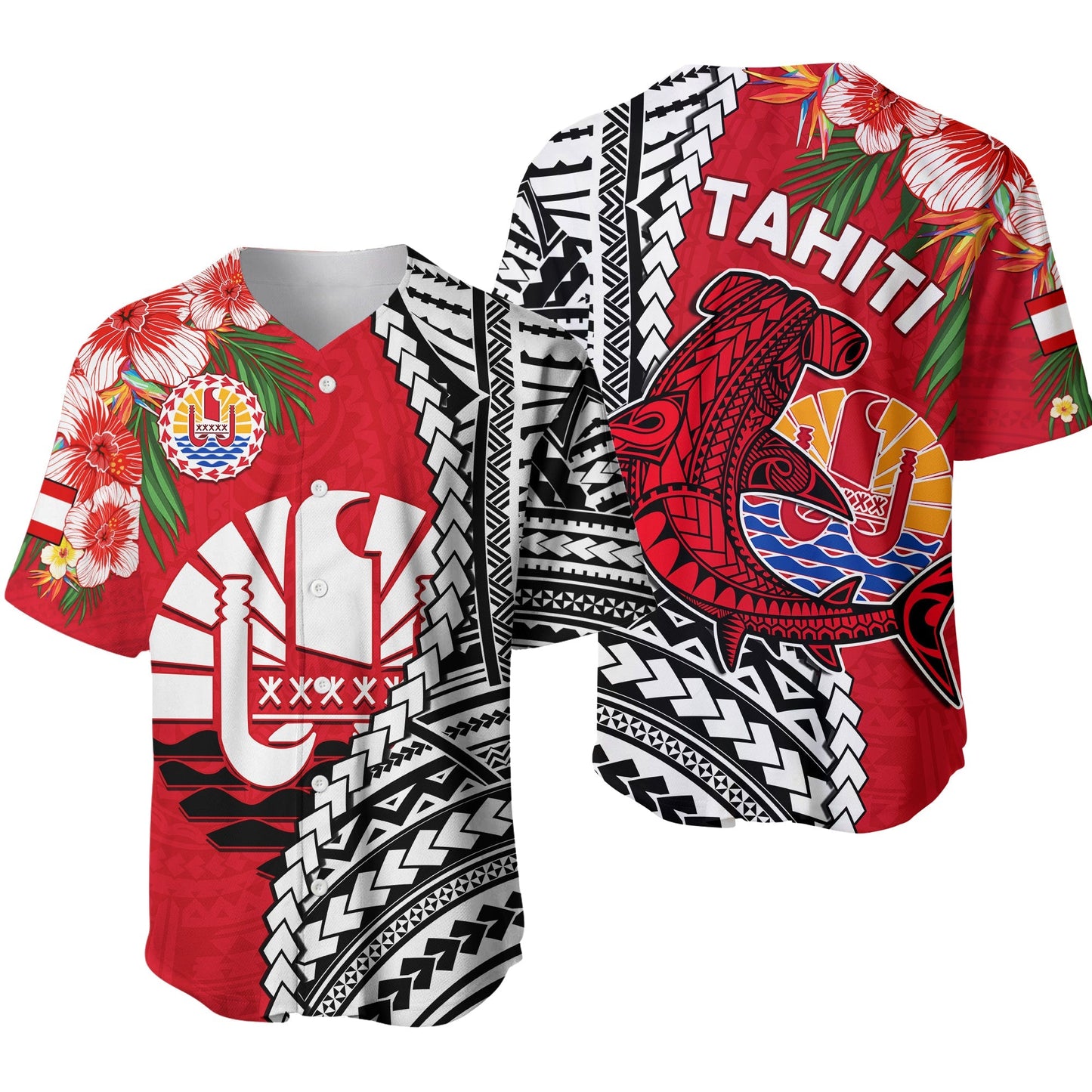 Tahiti Islands Baseball Jersey Polynesian Shark Mix Tropical Flowers