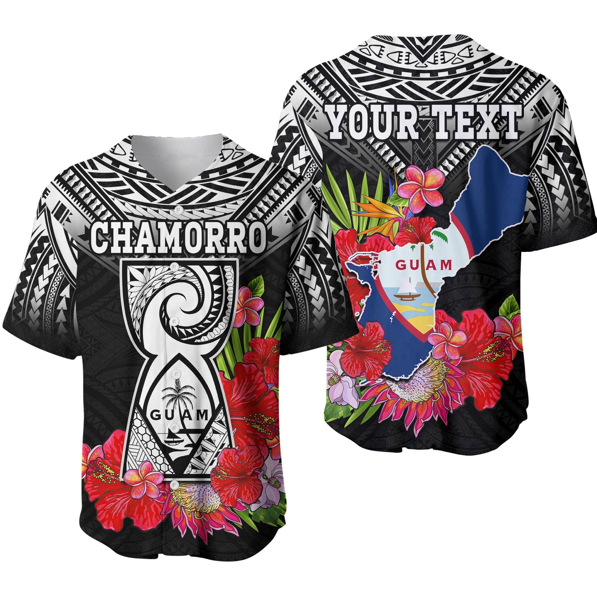 (Custom Personalised) Guam Chamorro Baseball Jersey Guaman Latte Stone Tropical Flowers Black Style