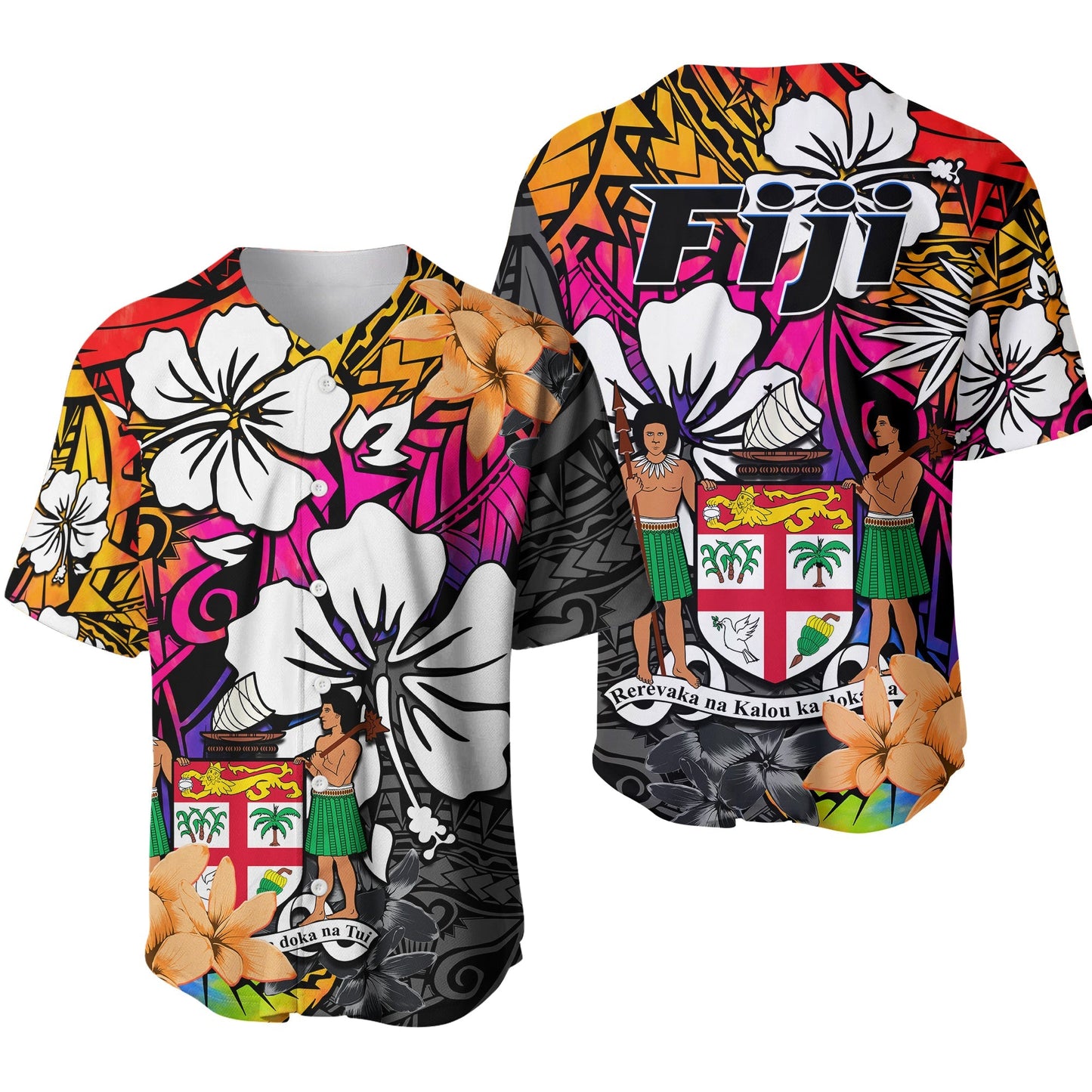 Fiji Tie Dye Baseball Jersey Polynesian Tribal Creative Tropical Flowers