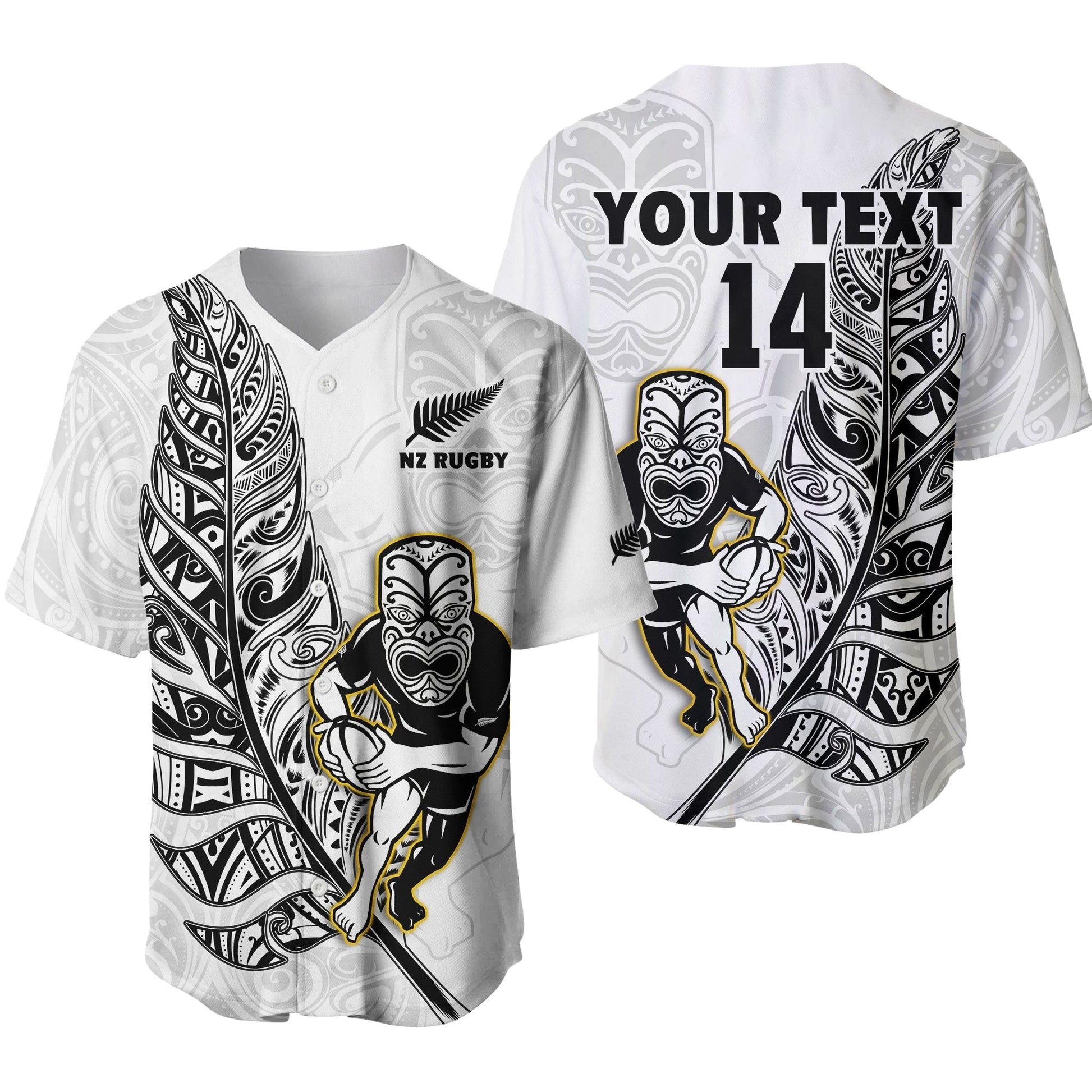 (Custom Text And Number) New Zealand Silver Fern Rugby Baseball Jersey All Black Maori Version White