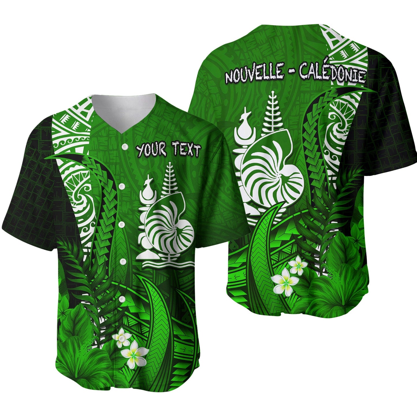 (Custom Personalised) New Caledonia Baseball Jersey Nautilus Green Polynesian Hibiscus