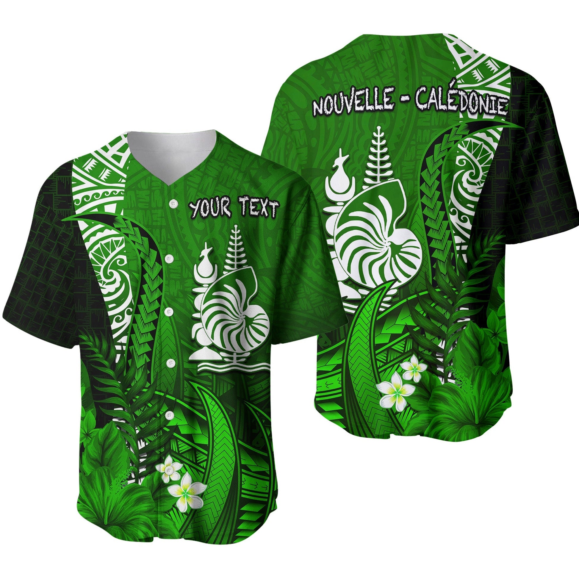 (Custom Personalised) New Caledonia Baseball Jersey Nautilus Green Polynesian Hibiscus