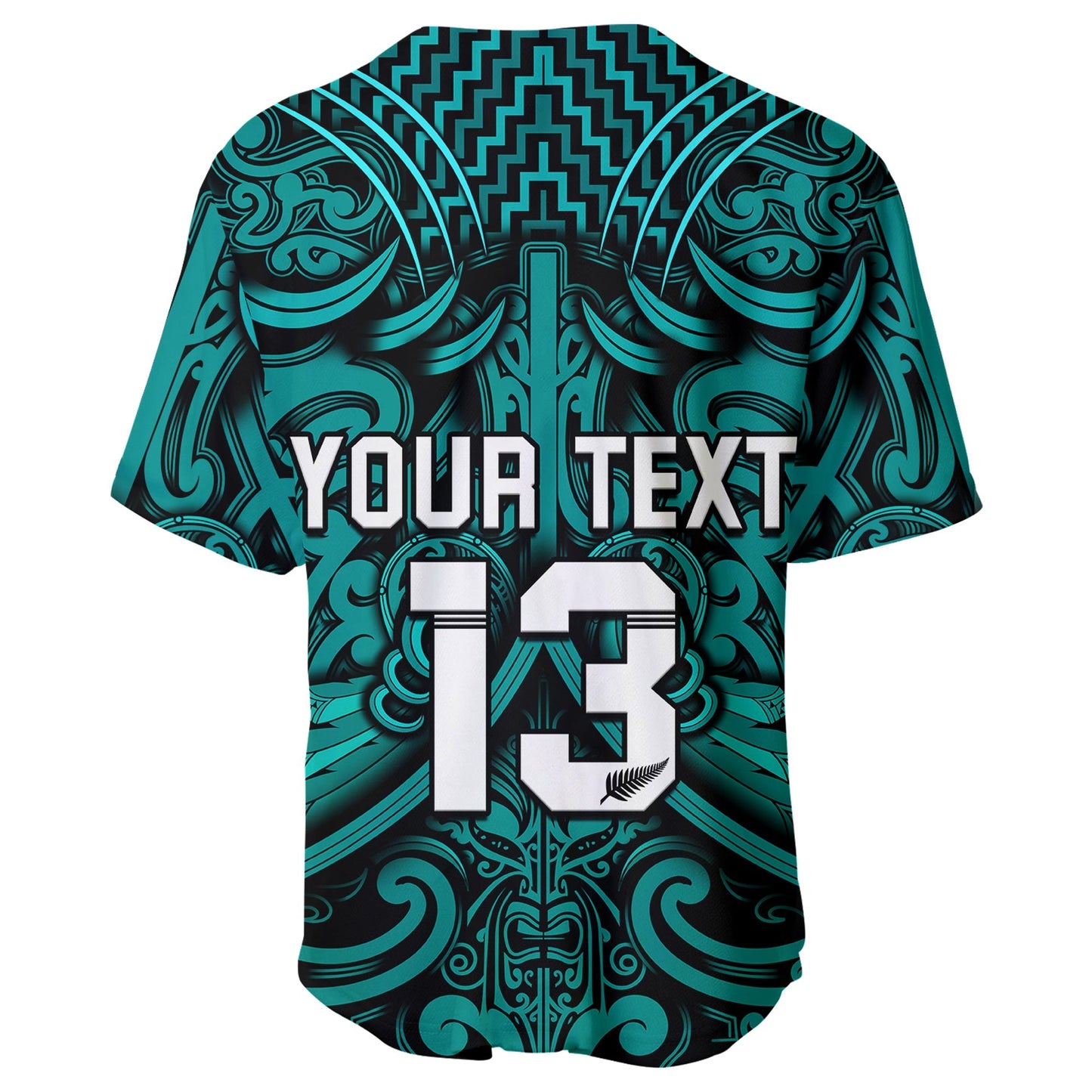 (Custom Text and Number) New Zealand Silver Fern Rugby Baseball Jersey All Black Turquoise NZ Maori Pattern