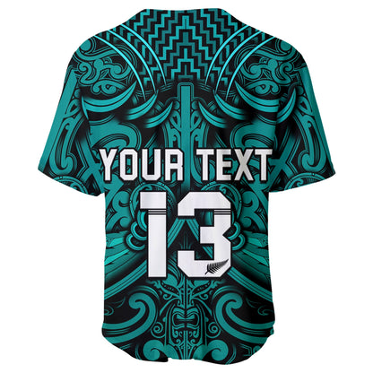 (Custom Text and Number) New Zealand Silver Fern Rugby Baseball Jersey All Black Turquoise NZ Maori Pattern