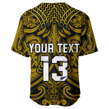 (Custom Text and Number) New Zealand Silver Fern Rugby Baseball Jersey All Black Gold NZ Maori Pattern