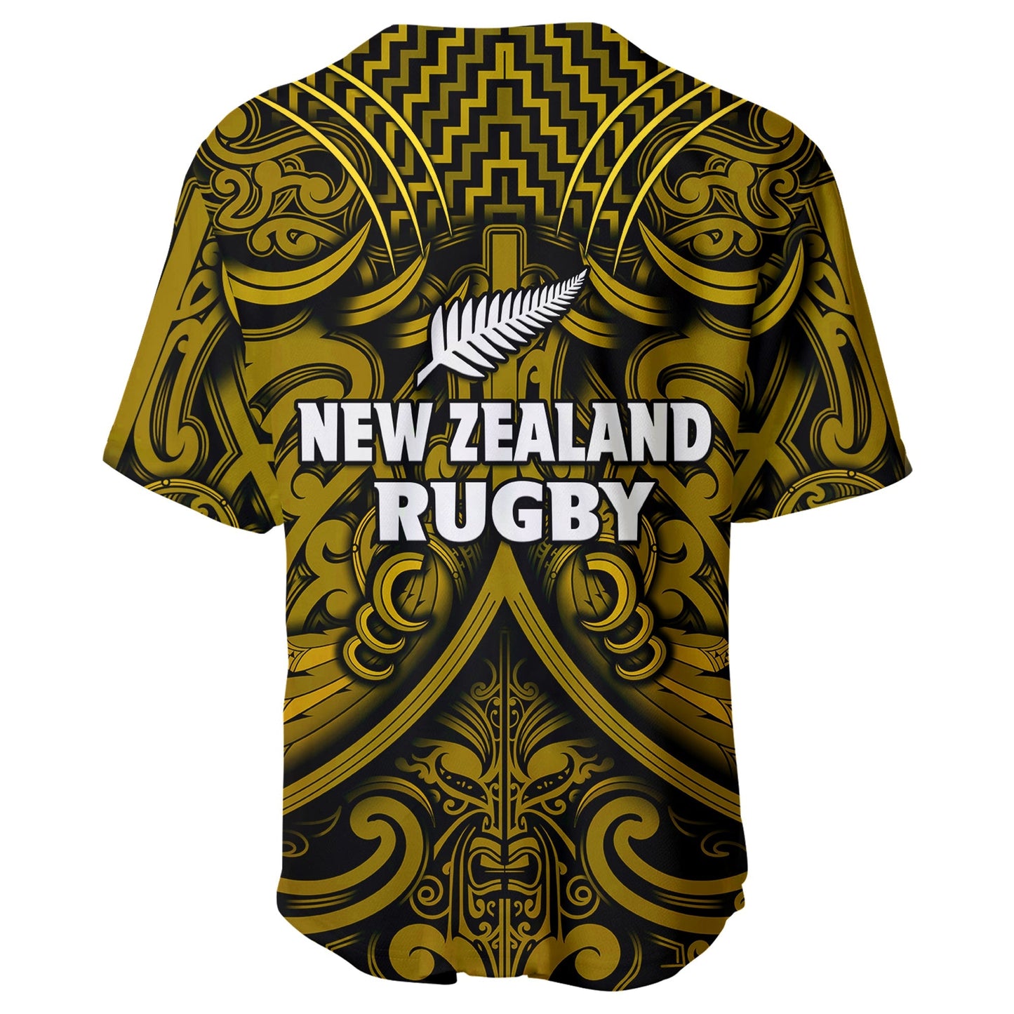 New Zealand Silver Fern Rugby Baseball Jersey All Black Gold NZ Maori Pattern