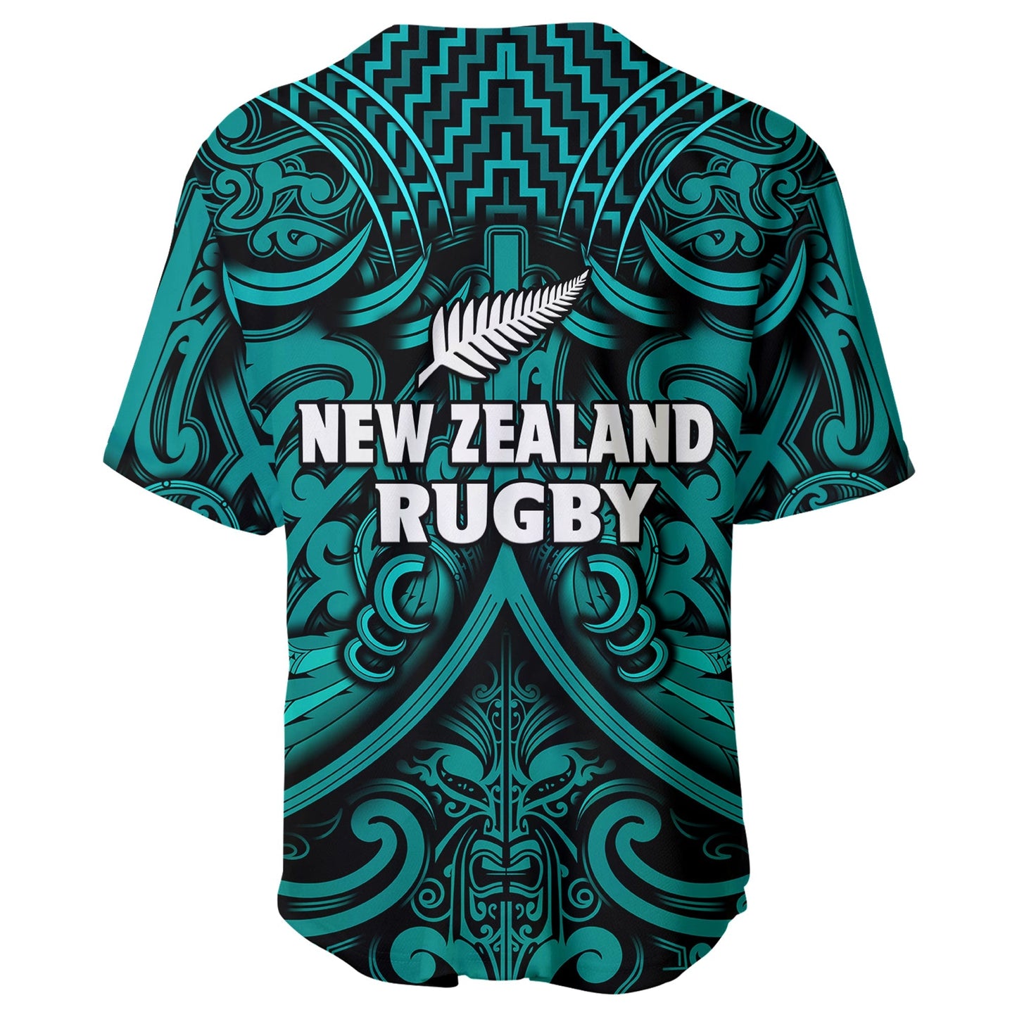New Zealand Silver Fern Rugby Baseball Jersey All Black Turquoise NZ Maori Pattern