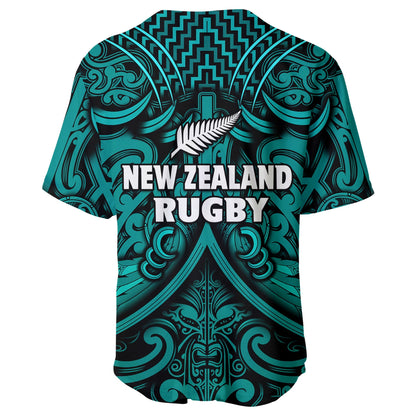 New Zealand Silver Fern Rugby Baseball Jersey All Black Turquoise NZ Maori Pattern