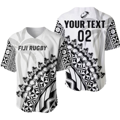 (Custom Text And Number) Fiji Rugby Baseball Jersey Fijian Cibi Dance Tapa Pattern White