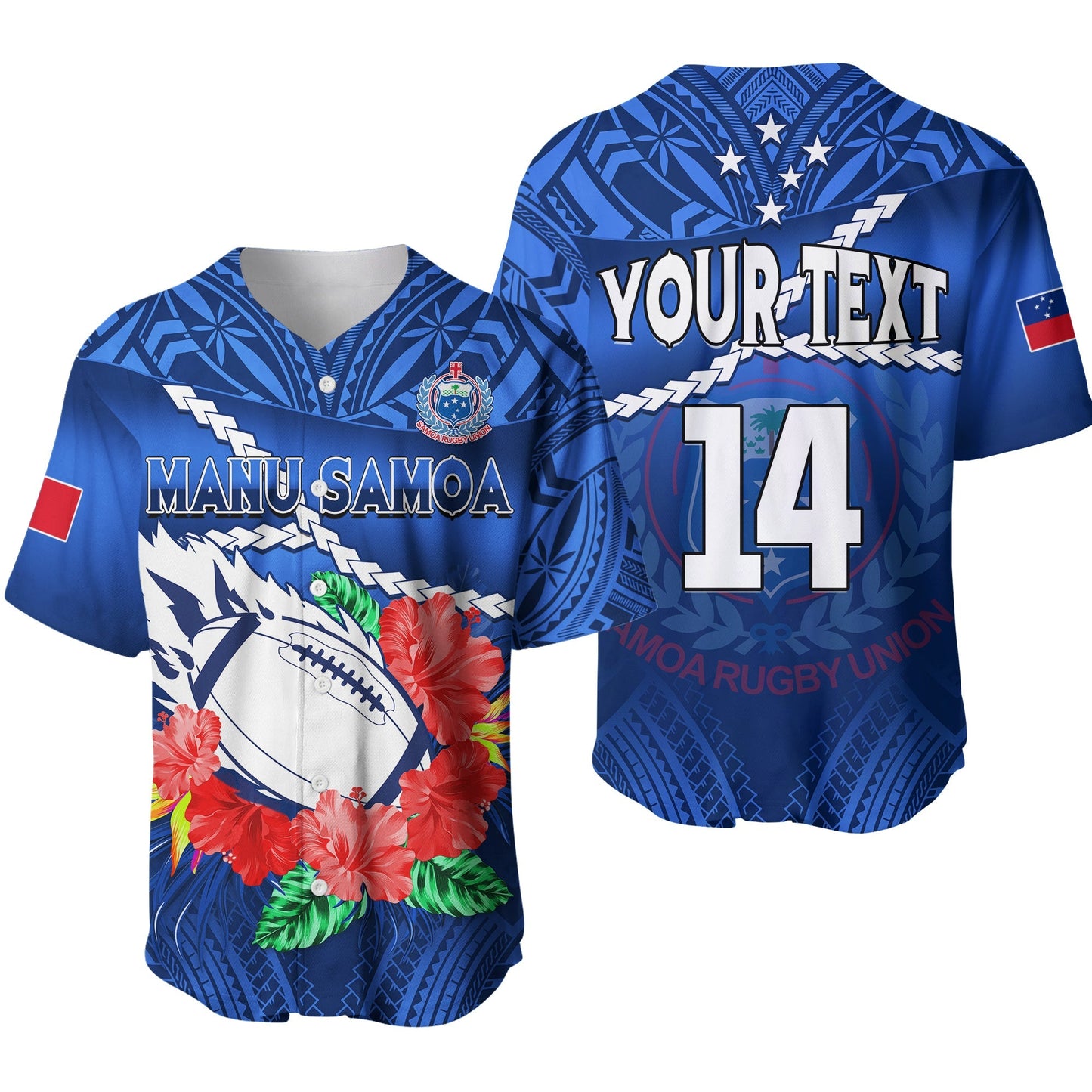 (Custom Text And Number) Samoa Rugby Baseball Jersey Manu Samoa Polynesian Hibiscus Blue Style