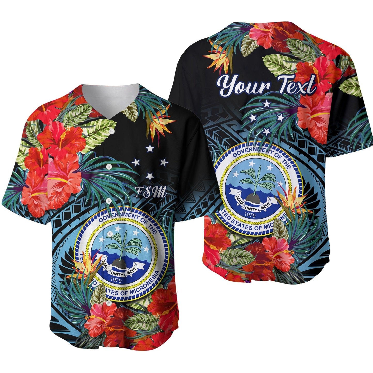 (Custom Personalised) Federated States of Micronesia Baseball Jersey Hibiscus Flowers FSM Seal Polynesian Ver.01