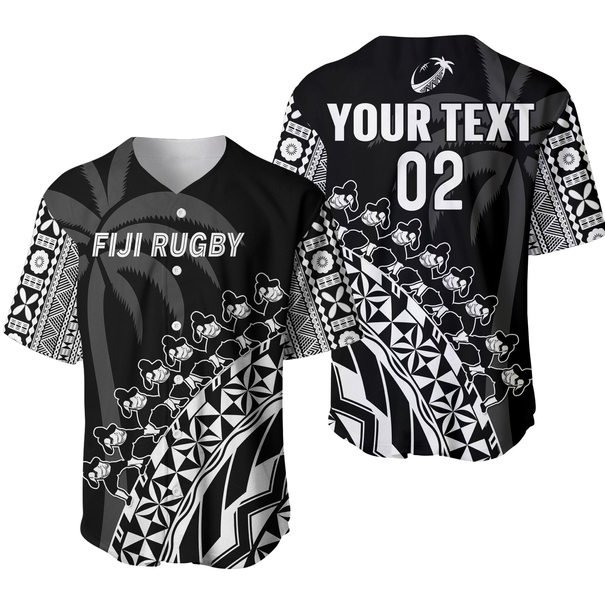 (Custom Text And Number) Fiji Rugby Baseball Jersey Fijian Cibi Dance Tapa Pattern Black