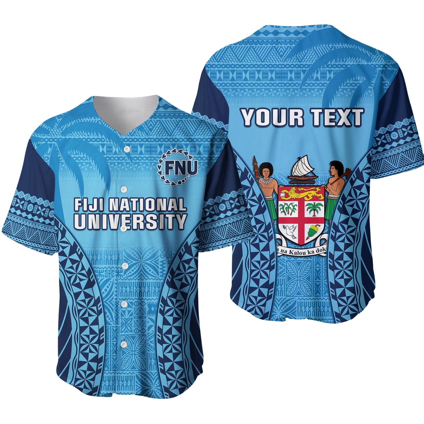 (Custom Personalised) Fiji University Baseball Jersey National Fijian Tapa Pattern Blue Ver.01
