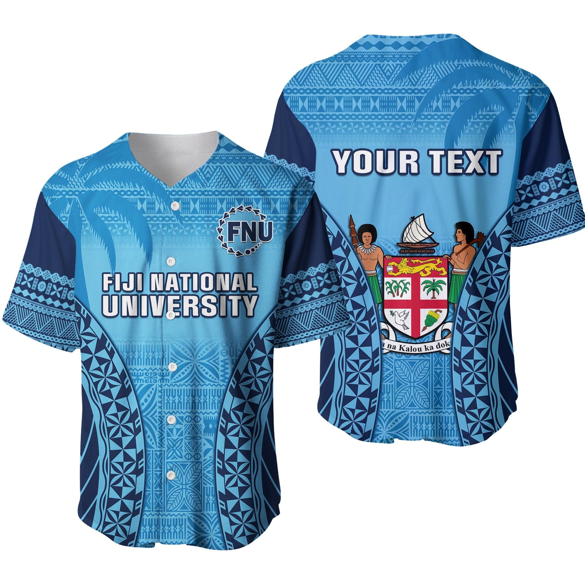 (Custom Personalised) Fiji University Baseball Jersey National Fijian Tapa Pattern Blue Ver.01