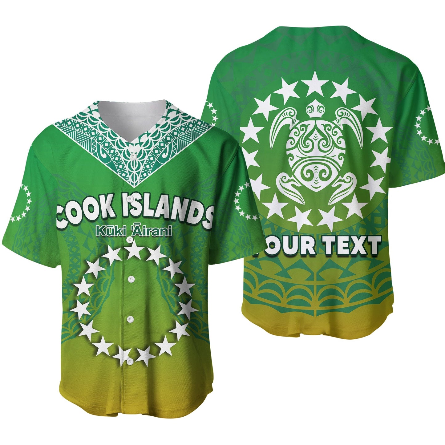 (Custom Personalised) Cook Islands Baseball Jersey Circle Pattern Mix Sea Turtle Green Version