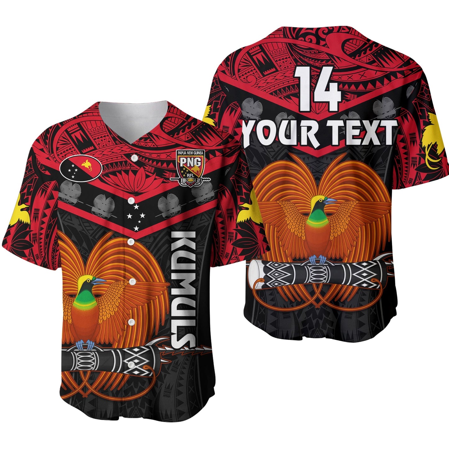 (Custom Text And Number) Papua New Guinea Rugby Baseball Jersey PNG Kumuls Bird Of Paradise Black