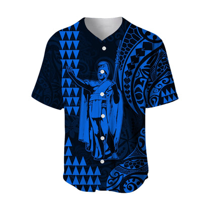 (Custom Text and Number) Hawaii Day Kakau Baseball Jersey Proud To Be Hawaiian Blue King Kamehameha and Kanaka Maoli