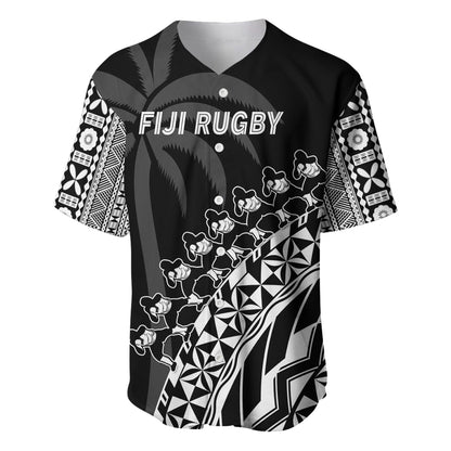 (Custom Text And Number) Fiji Rugby Baseball Jersey Fijian Cibi Dance Tapa Pattern Black
