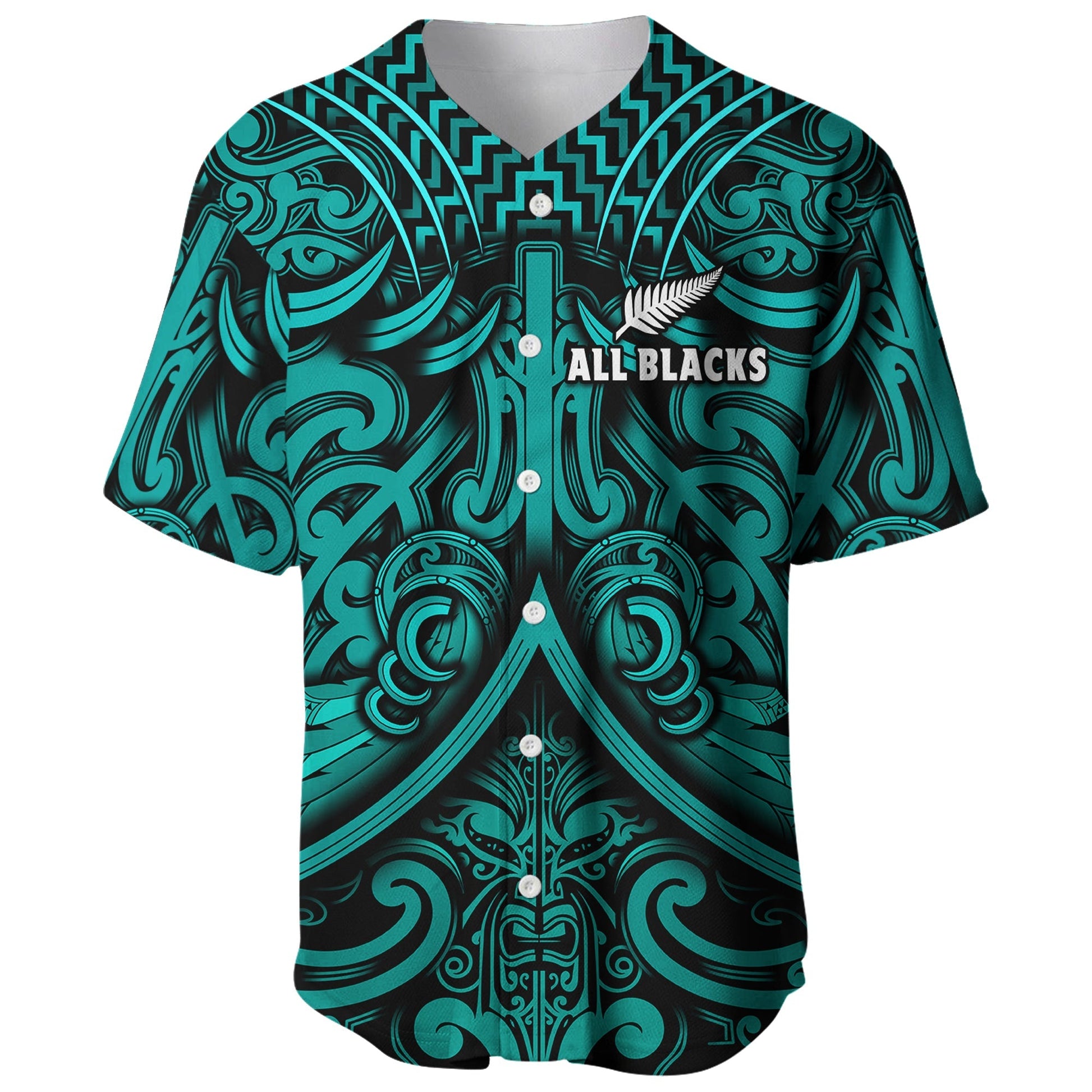 (Custom Text and Number) New Zealand Silver Fern Rugby Baseball Jersey All Black Turquoise NZ Maori Pattern