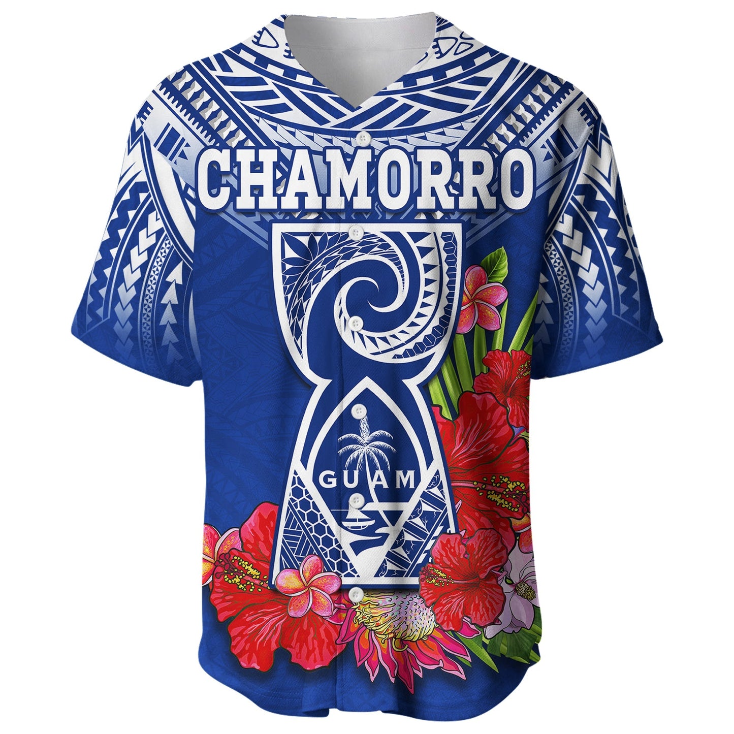 (Custom Personalised) Guam Chamorro Baseball Jersey Guaman Latte Stone Tropical Flowers Blue Version