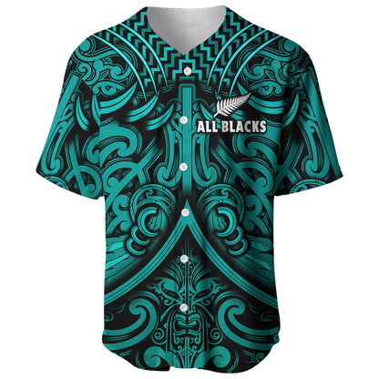 New Zealand Silver Fern Rugby Baseball Jersey All Black Turquoise NZ Maori Pattern