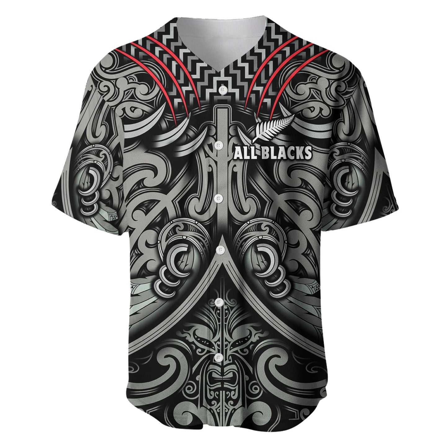 (Custom Text and Number) New Zealand Silver Fern Rugby Baseball Jersey All Black NZ Maori Pattern