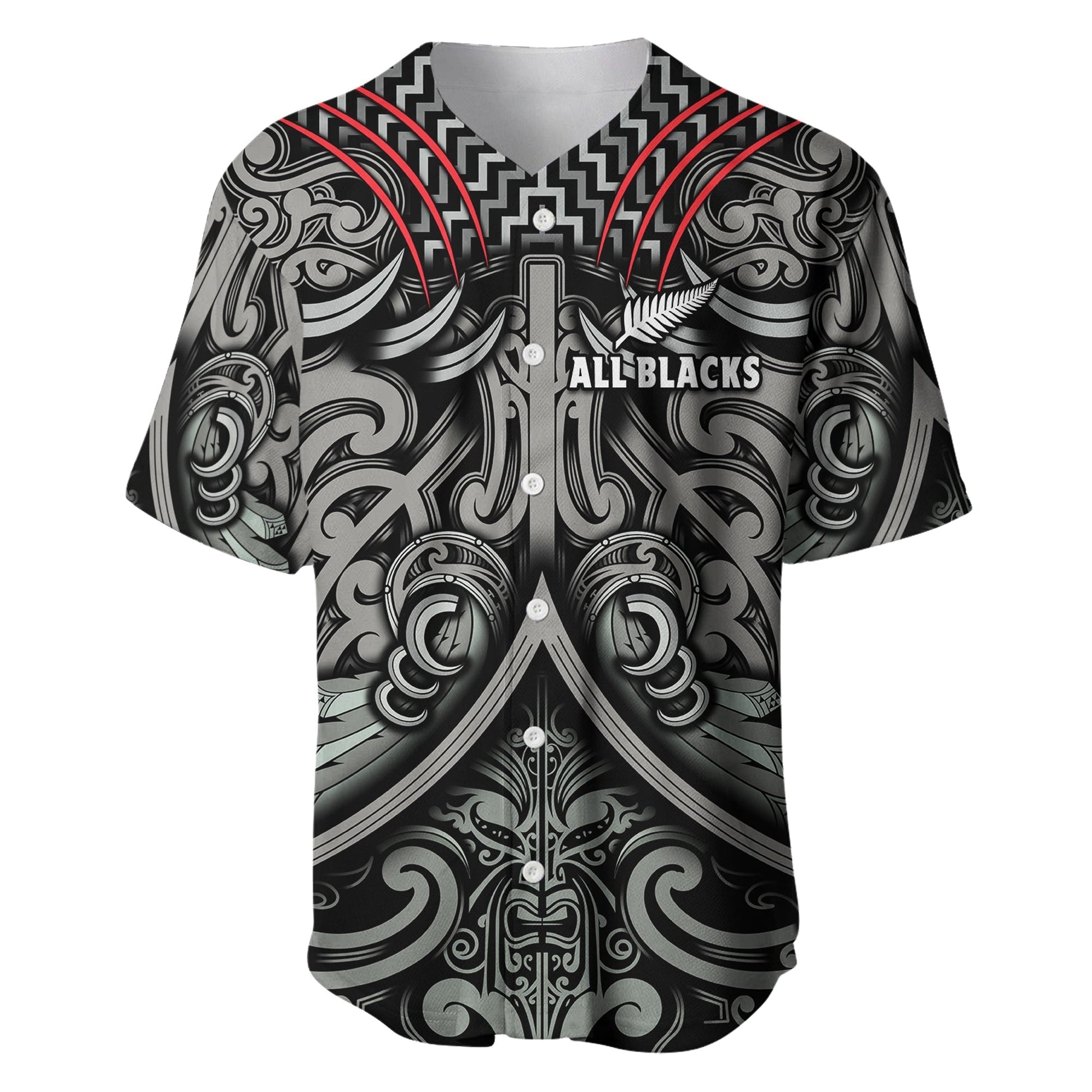 (Custom Text and Number) New Zealand Silver Fern Rugby Baseball Jersey All Black NZ Maori Pattern