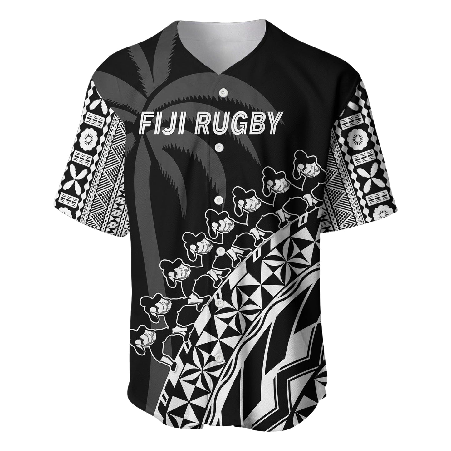 Fiji Rugby Baseball Jersey Fijian Cibi Dance Tapa Pattern Black