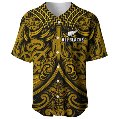 New Zealand Silver Fern Rugby Baseball Jersey All Black Gold NZ Maori Pattern