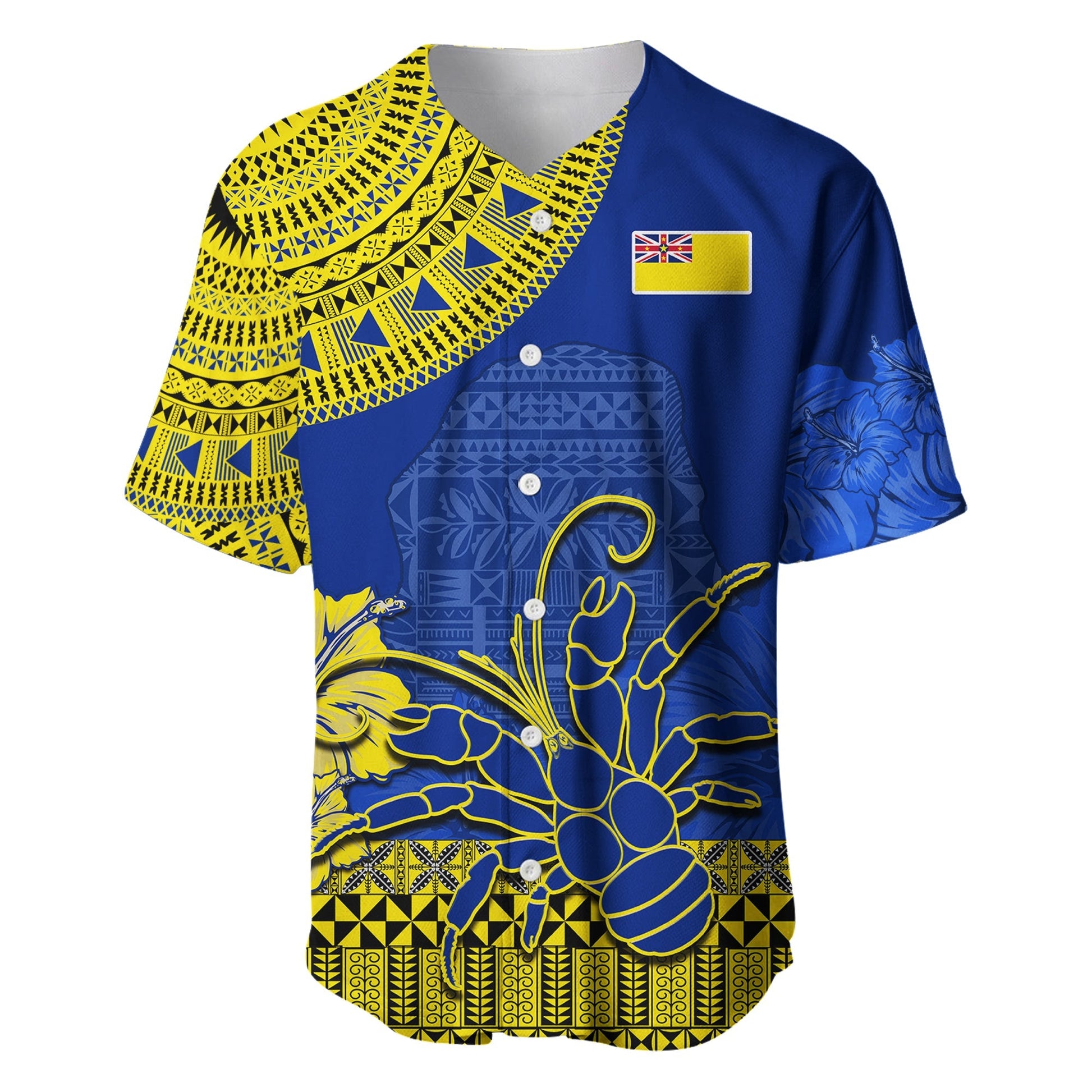 Niue Hiapo Baseball Jersey Rock of Polynesia Tapa Niuean Crab Happy Day