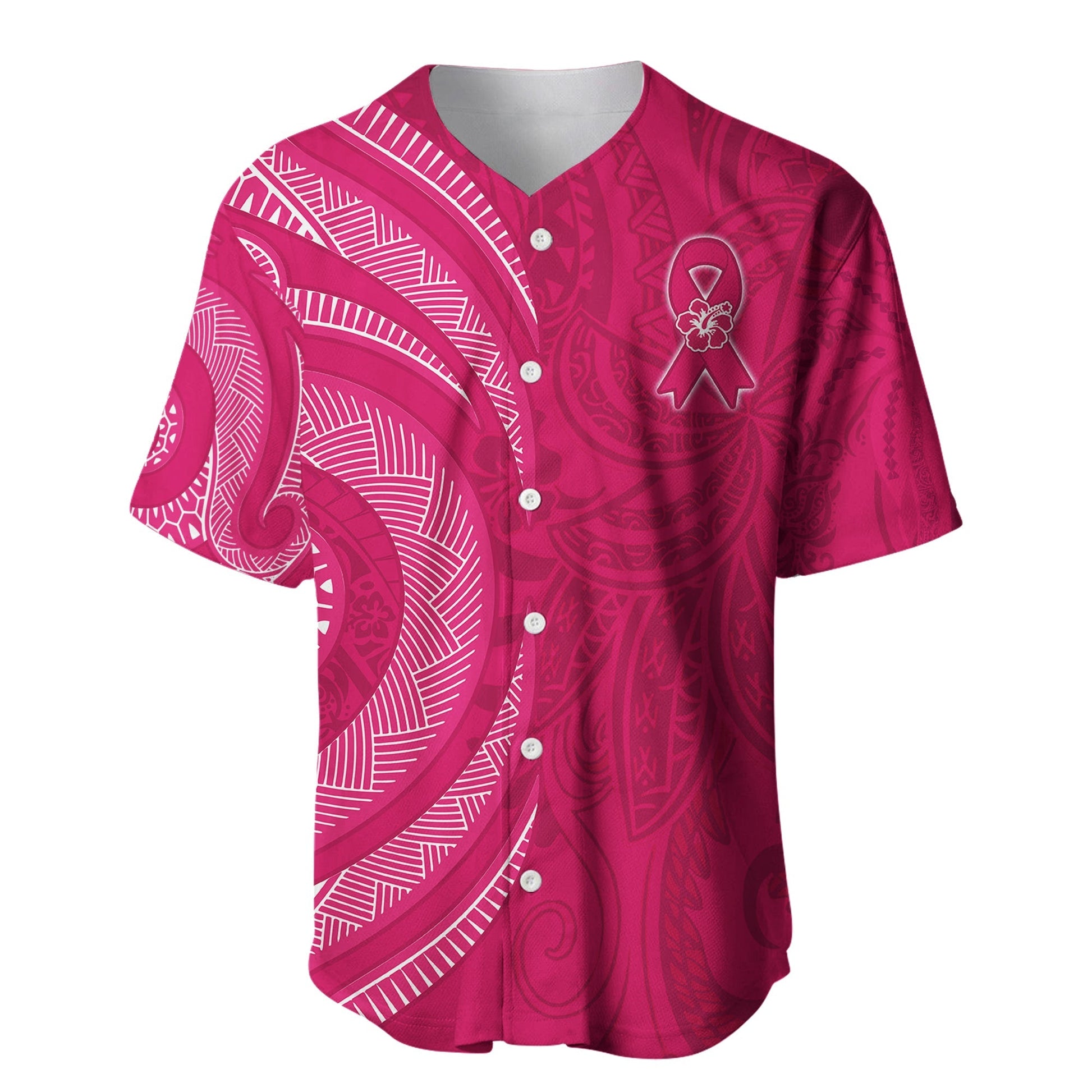 Breast Cancer Awareness Baseball Jersey Hibiscus Polynesian No One Fights Alone