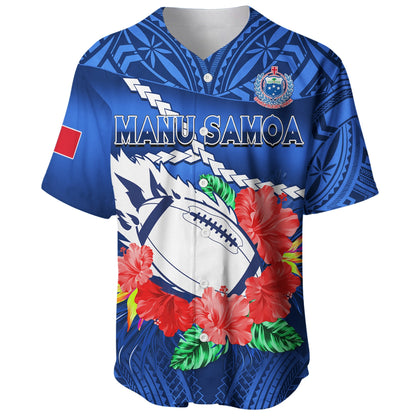 (Custom Text And Number) Samoa Rugby Baseball Jersey Manu Samoa Polynesian Hibiscus Blue Style