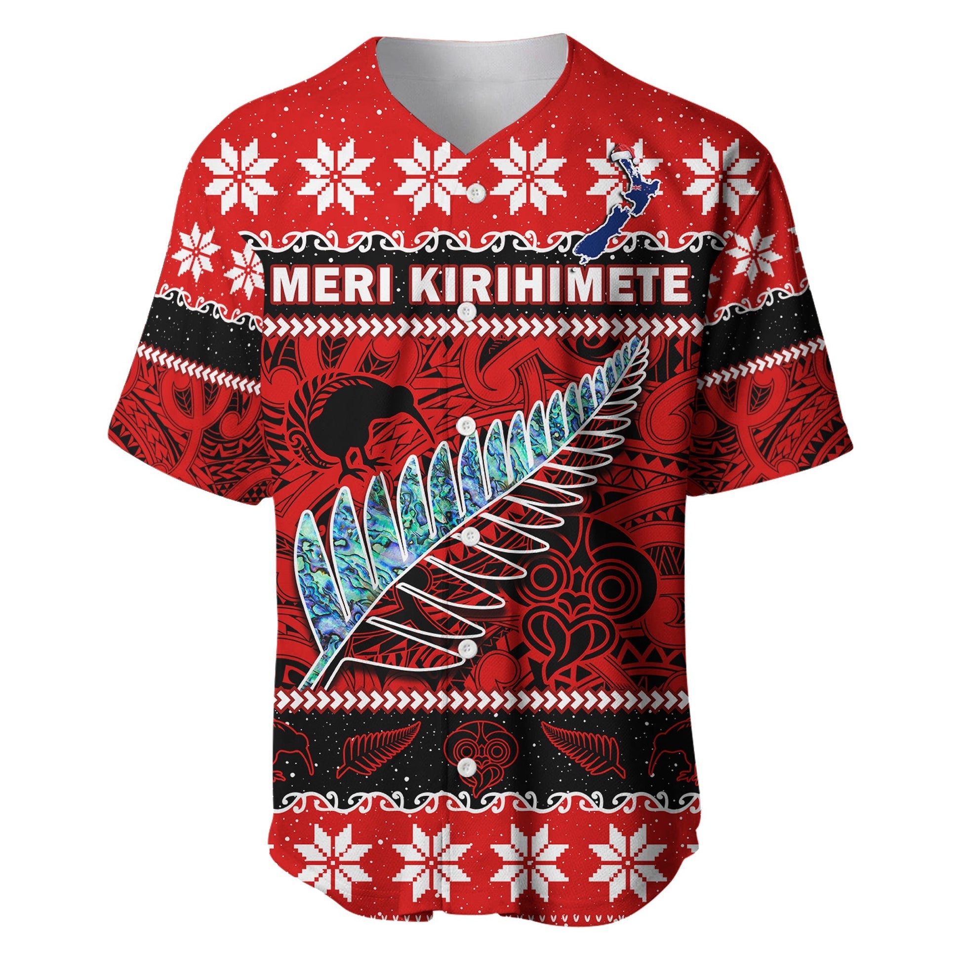 New Zealand Christmas Baseball Jersey Paua Shell Silver Fern Meri Kirihimete