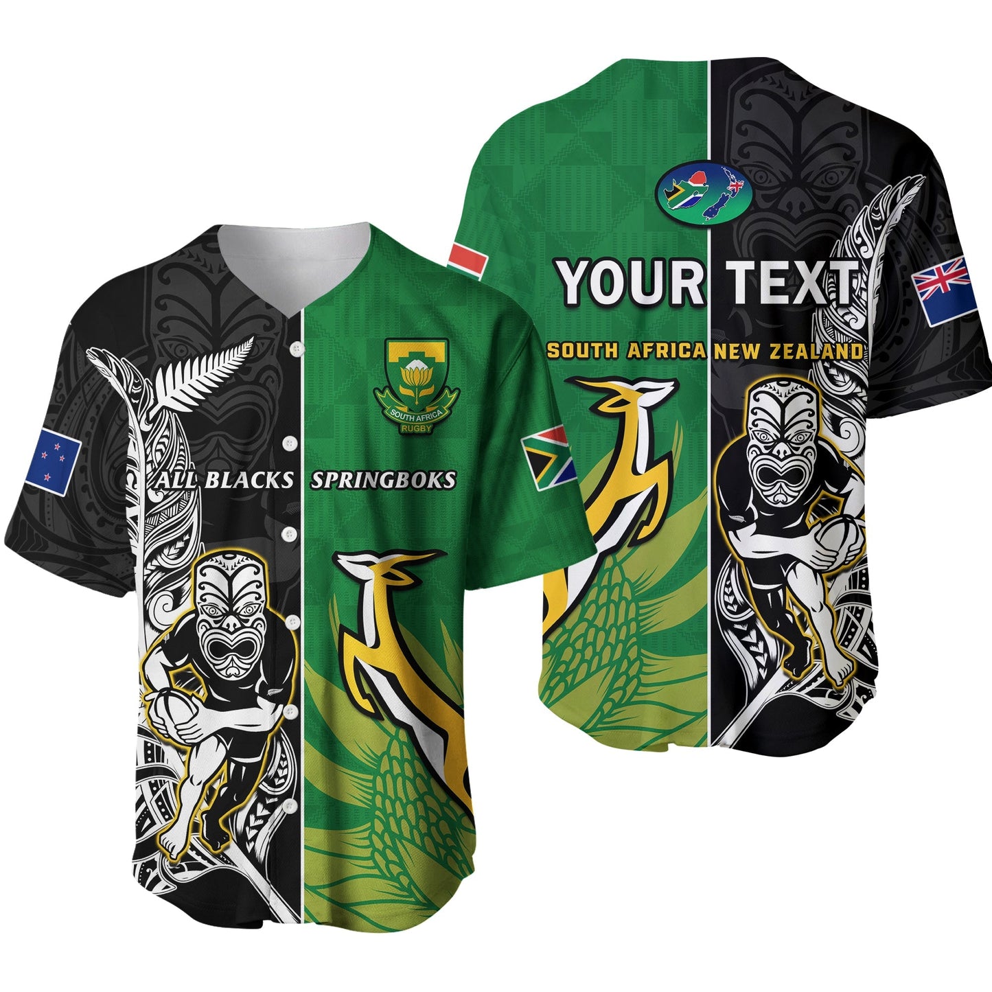(Custom Personalised) New Zealand And South Africa Rugby Baseball Jersey All Black Maori Mix Springboks Ver.01