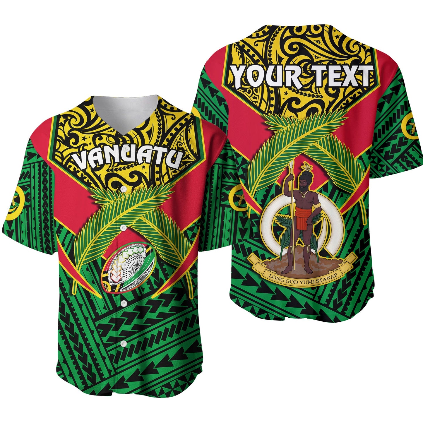 (Custom Personalised) Vanuatu Rugby Baseball Jersey Coat Of Arms Polynesian Pattern