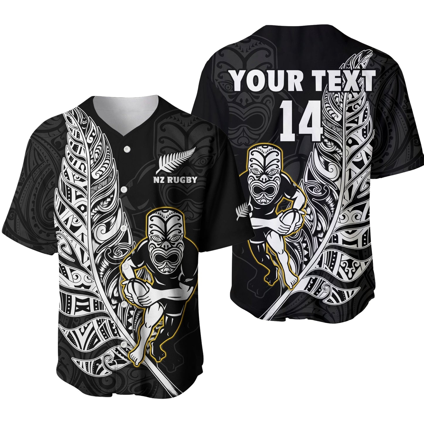 (Custom Text And Number) New Zealand Silver Fern Rugby Baseball Jersey All Black Maori Version Black