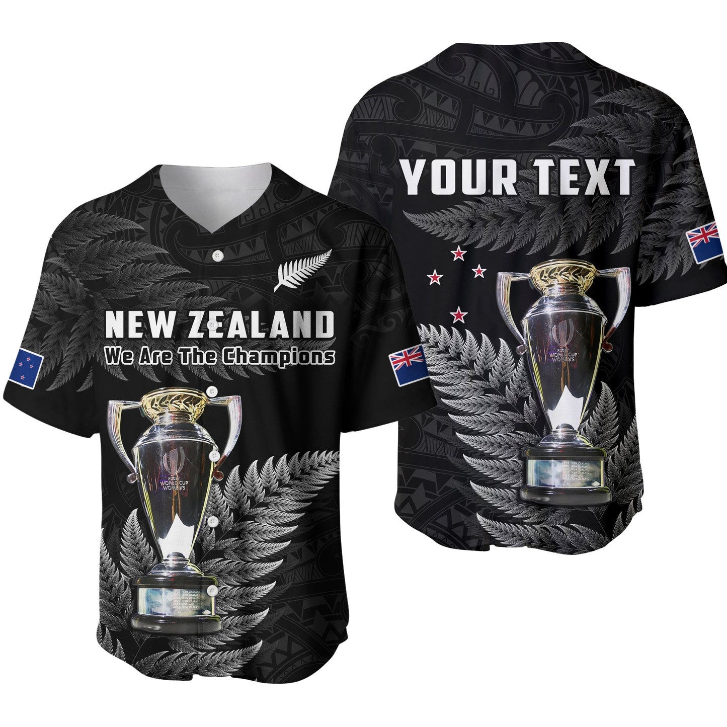 (Custom Personalised) New Zealand 2022 Rugby Baseball Jersey Black Fern Proud Champions RWC