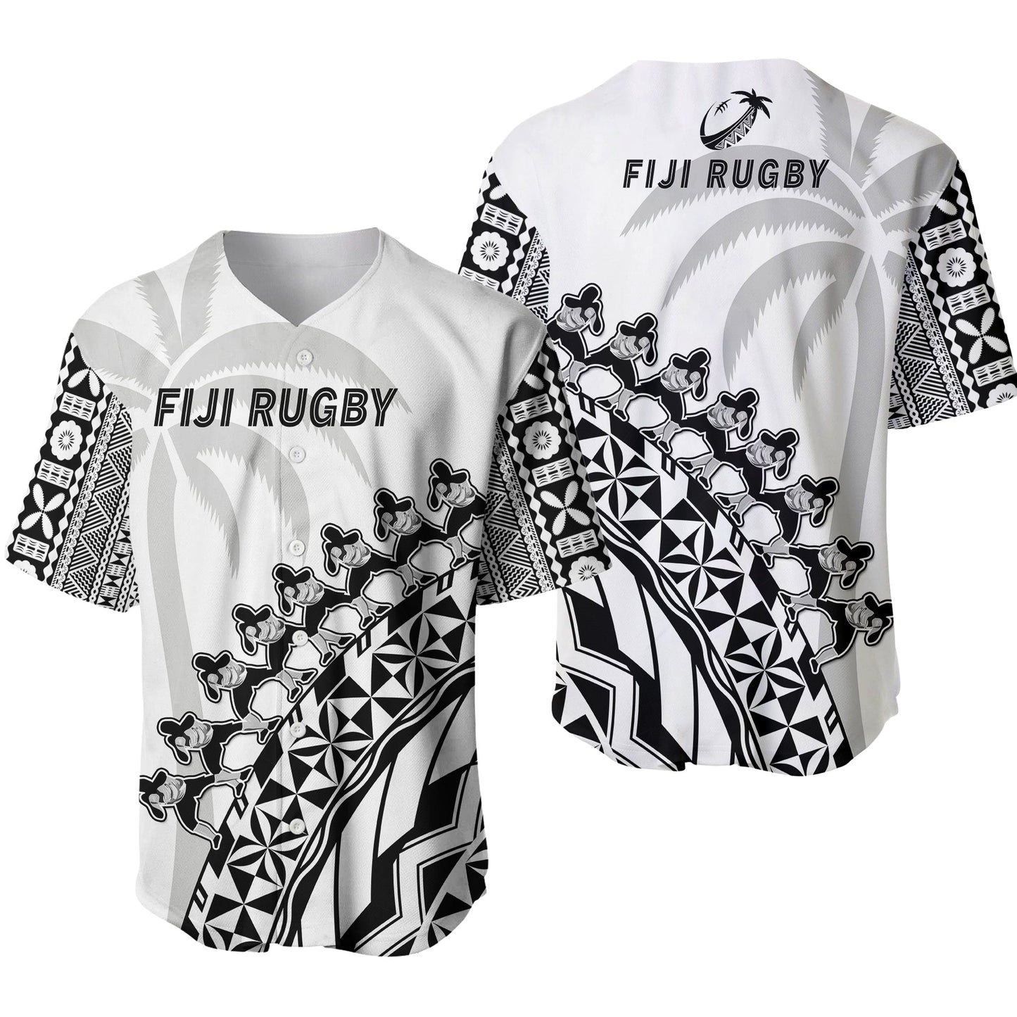 Fiji Rugby Baseball Jersey Fijian Cibi Dance Tapa Pattern White