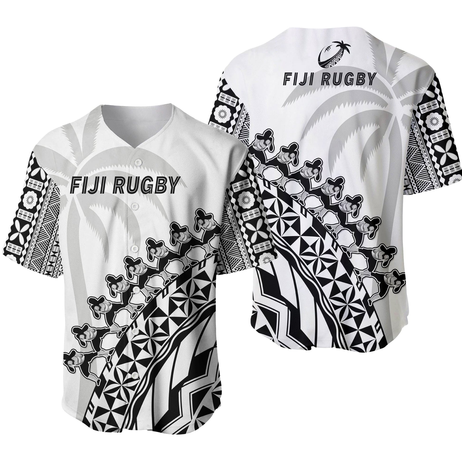 Fiji Rugby Baseball Jersey Fijian Cibi Dance Tapa Pattern White