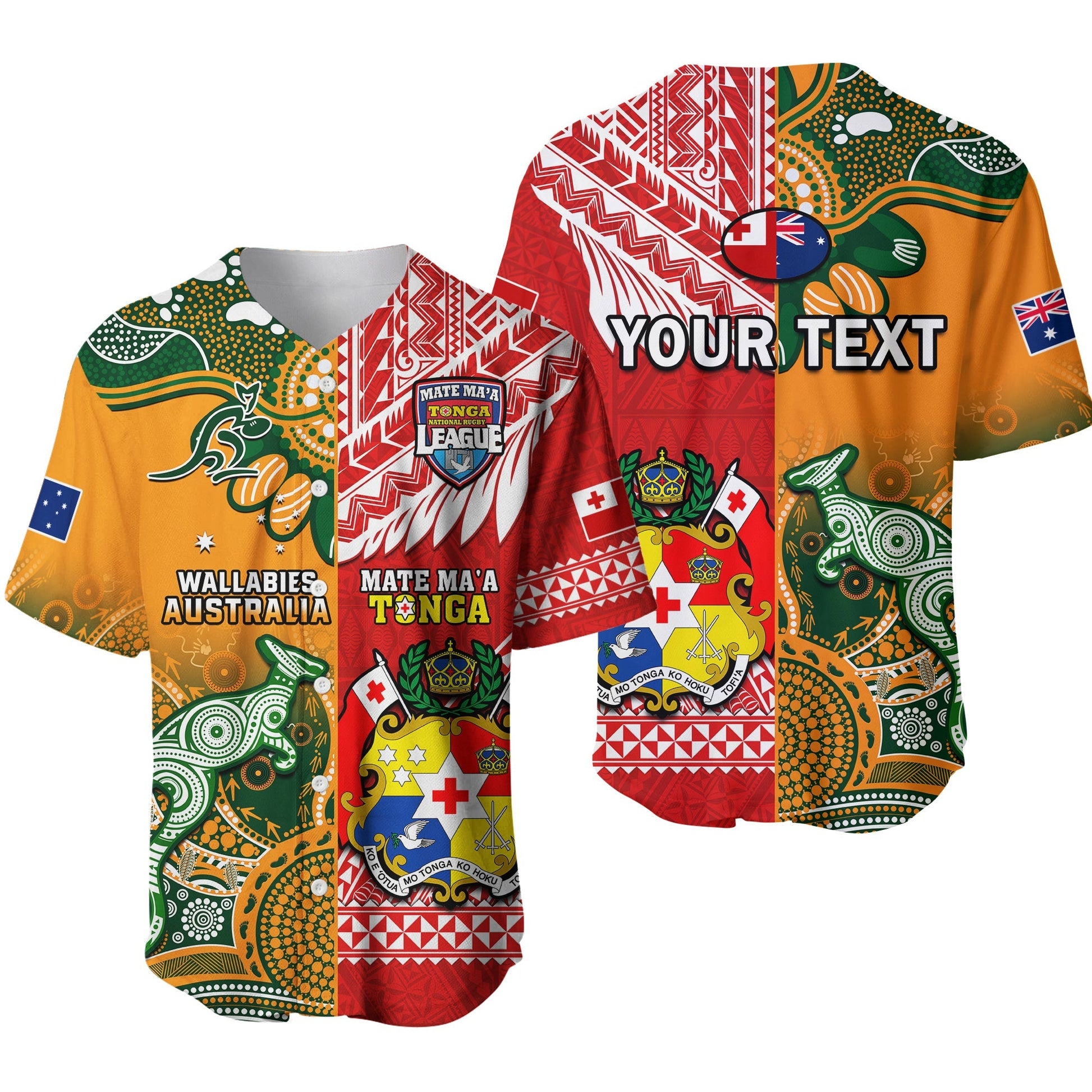 (Custom Personalised) Mate Maa Tonga And Wallabies Rugby Baseball Jersey Polynesian Mix Aboriginal Ver.01