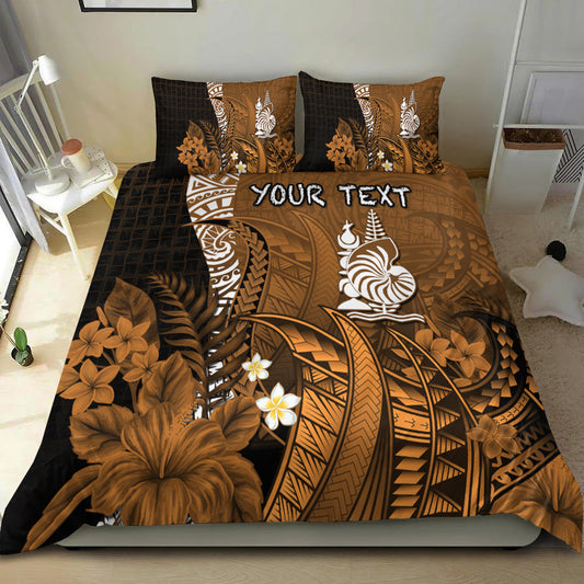 (Custom Personalised) New Caledonia Bedding Set Nautilus Gold Polynesian Hibiscus