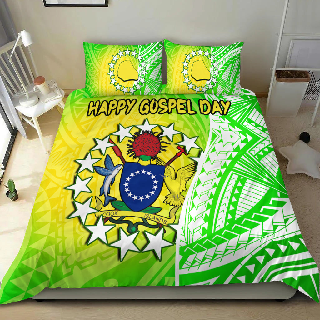 Happy Mangaia Gospel Day Bedding Set Cook Islands Coat Of Arms Polynesian Pattern