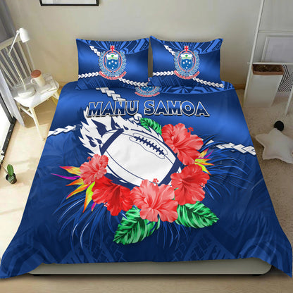 Samoa Rugby Bedding Set Manu Samoa Polynesian Hibiscus Blue Style