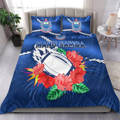 Samoa Rugby Bedding Set Manu Samoa Polynesian Hibiscus Blue Style