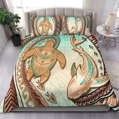 Hawaii Bedding Set Polynesian Shark And Sea Turtle Dreamy Turquoise Artsy