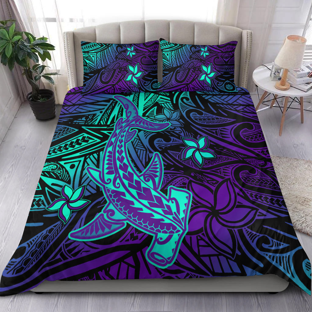 Polynesian Bedding Set Purple Paradise Hawaiian Tribal Hammerhead Shark