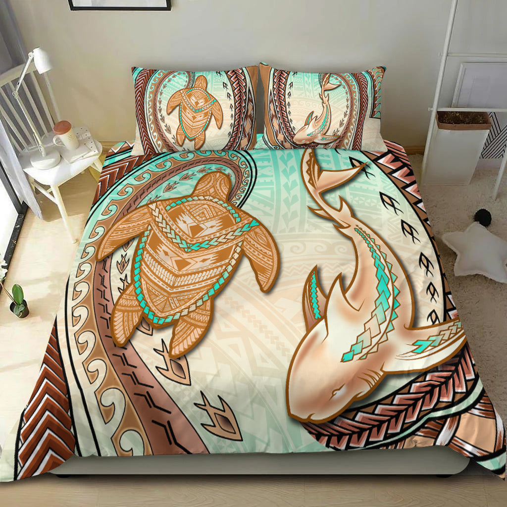 Hawaii Bedding Set Polynesian Shark And Sea Turtle Dreamy Turquoise Artsy