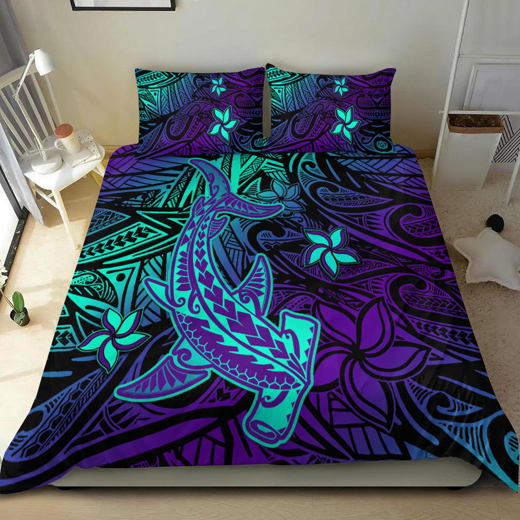 Polynesian Bedding Set Purple Paradise Hawaiian Tribal Hammerhead Shark