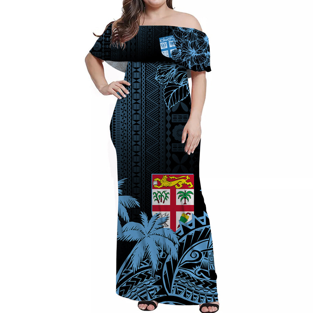 Fiji Tapa On The Waves Off Shoulder Long Dress Blue